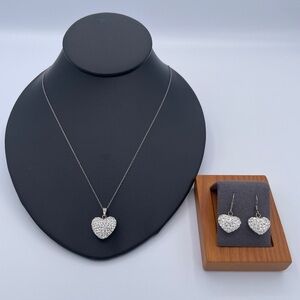 Italian Sterling Silver Pavé CZ Heart Necklace & Earrings Set one CZ missing